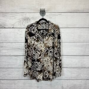 Multiples Plus Size Brown & White Floral Button Up Long Sleeve Blouse Size 2X